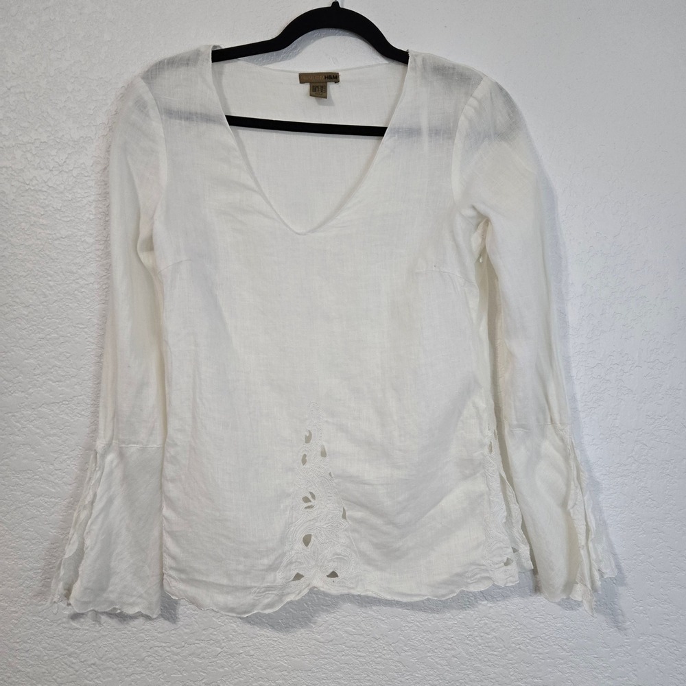 H&M White Linen Bell Sleeve Embroidered V Neck Tunic Top Size 6